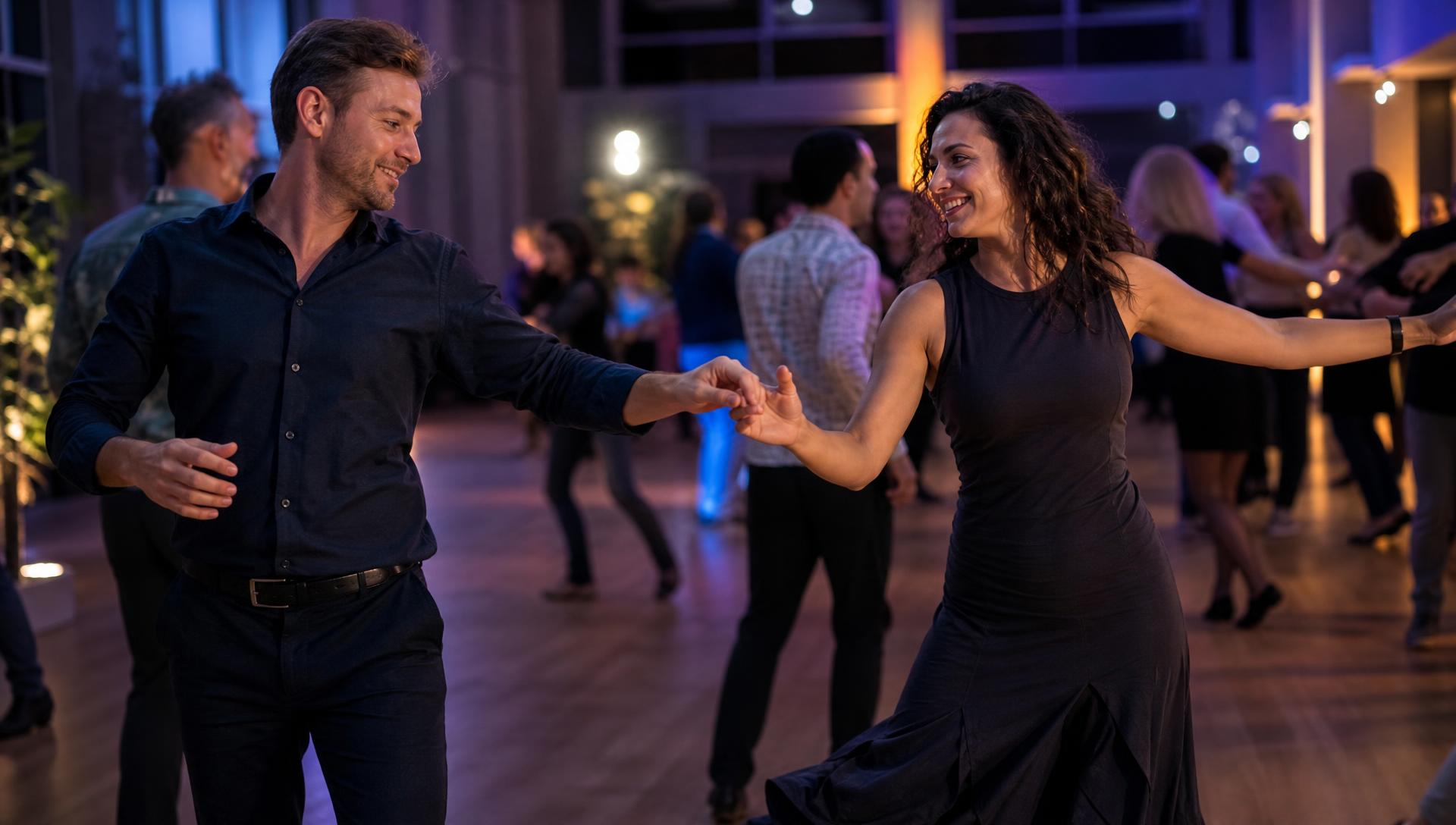 Modern Jive dancers mid-spin under stage lights